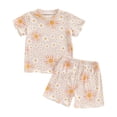 thumbnail image 3 of oelaio Girls Summer Outfits Cute Flower Printed 2 Piece Clothes Short Sleeve T-Shirts and Elastic Waist Shorts Kids Casual Lounge Pajama Sets Beige 2 Years, 3 of 7