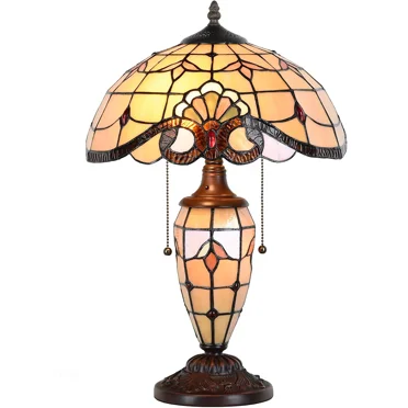 Bieye L10799 Baroque Tiffany Style Stained Glass Table Lamp, Lighted Base, 14" W x 21" H