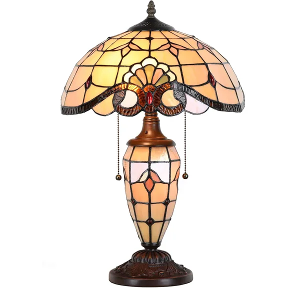 Bieye L10799 Baroque Tiffany Style Stained Glass Table Lamp, Lighted Base, 14" W x 21" H