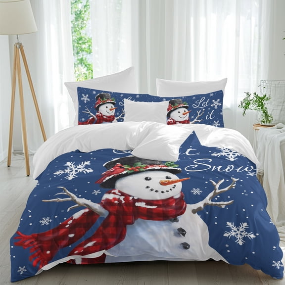 Christmas Snowman 4 Piece Duvet Cover Set Queen Size Snowflake Berry Winter Soft Bedding Set Comforter Cover, 1 Duvet Cover 1 Flat Sheets and 2 Pillowcases