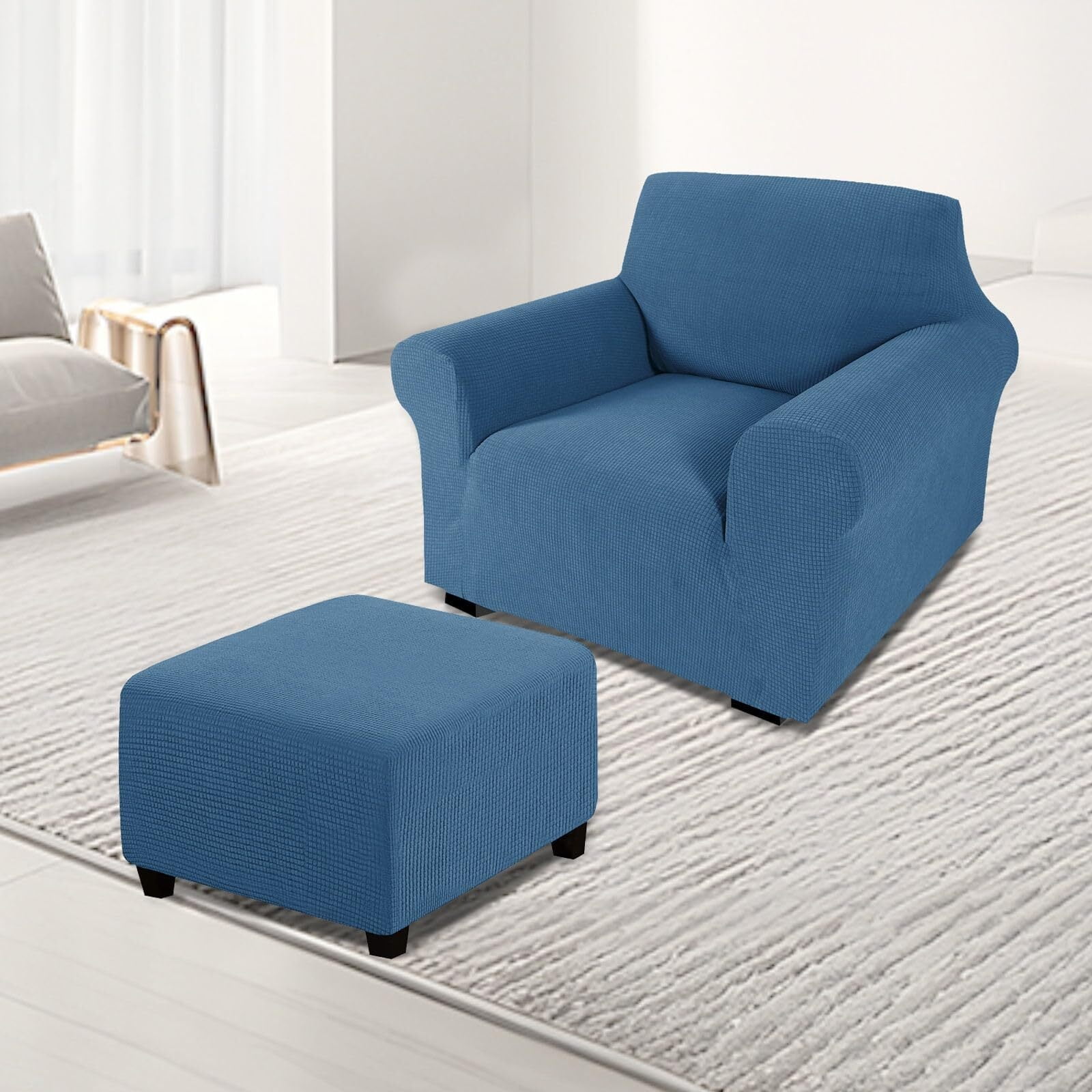 LKJYER Chair Slipcover with Ottoman Cover, Stretch Sofa Cover with Ottoman Slipcovers Removable Washable Armchair Covers Non Slip Furniture Protector