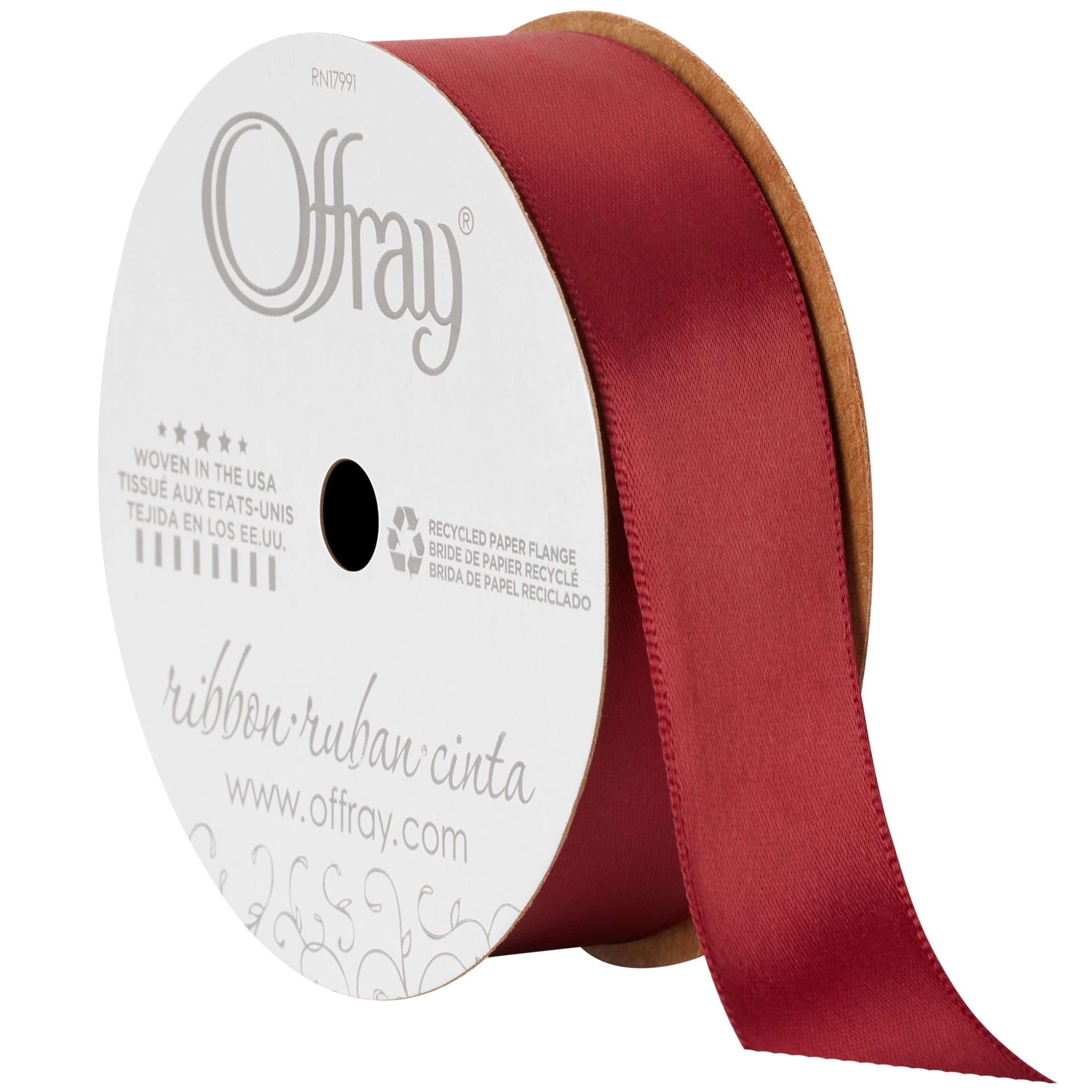 Offray Ribbon, Sherry Red 7/8 inch Single Face Satin Polyester Ribbon, 18 feet