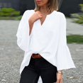 thumbnail image 5 of Women's Plus Size Cotton Linen Tunic, Long Sleeve V Neck Blouse with Flare Sleeve, Solid Color Loose Fit Top for Spring Summer Beach Casual Wear and Vacation Outfits White M, 5 of 7