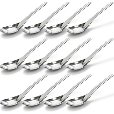 12 Pack Stainless Steel Soup Spoons, Premium Mirror Polished Chinese Dinner Spoons, Heavy Weight Table Spoon with Ergonomic Handle for Bouillon, Ramen, Pho, Wonton, Rice, Dishwasher Safe