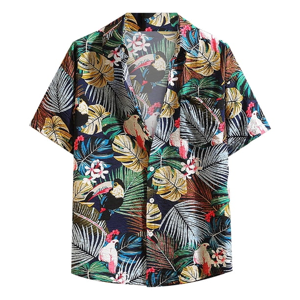 Camisas Para Hombre Manga Larga Regular Fit Casual Hombres Solapa Estampado Contraste Color Manga corta Puño Botón Estilo puerto Camisa floral Playa de Top de verano hawaiano (Black, XXL)