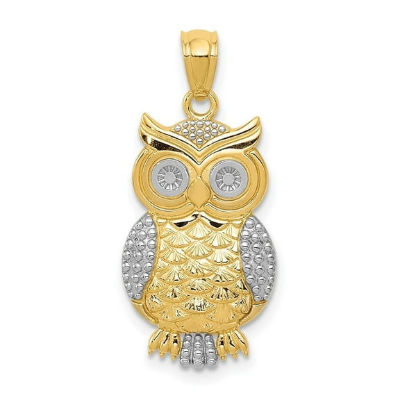 Auriga Fine Jewelry 10K Yellow Gold & Rhodium Polished & Textured Owl Pendant for Women (L-26.7 mm, W-12 mm)