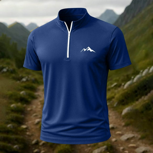 Blusa y camisa de manga corta con cuello alto para hombre, de verano, de color liso, ajustada, deportiva, con cremallera, de manga corta, con cuello alto.