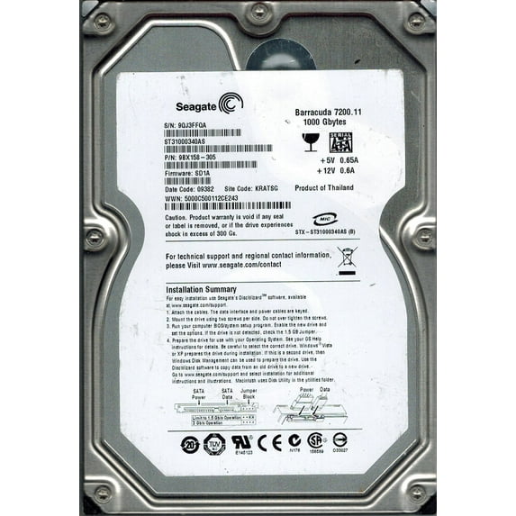 Seagate ST31000340AS P/N: 9BX158-305 F/W: SD1A 1TB KRATSG