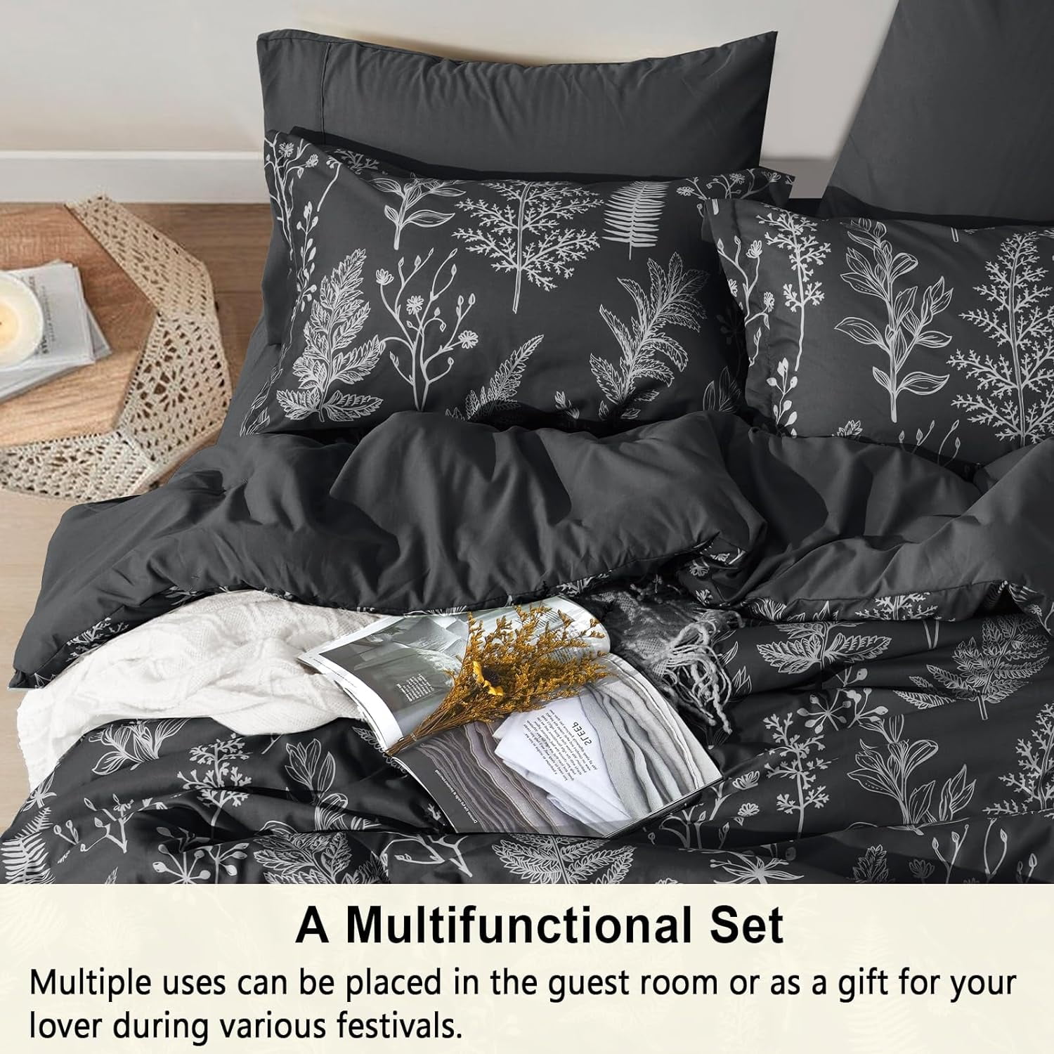 PHF 7 Pieces Printed Queen Comforter Set, Lightweight Reversible Botanical Bedding Set Include Comforter, Pillow Shams, Flat Sheet, Fitted Sheet and Pillowcases, Black