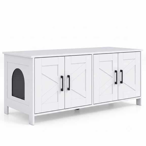 ALPULON Cat Litter Box Enclosure for 2 Cats Modern Kitty Litter Box Furniture Cabinet Hidden Washroom Side Table with Barn Doors and Tabletop, White