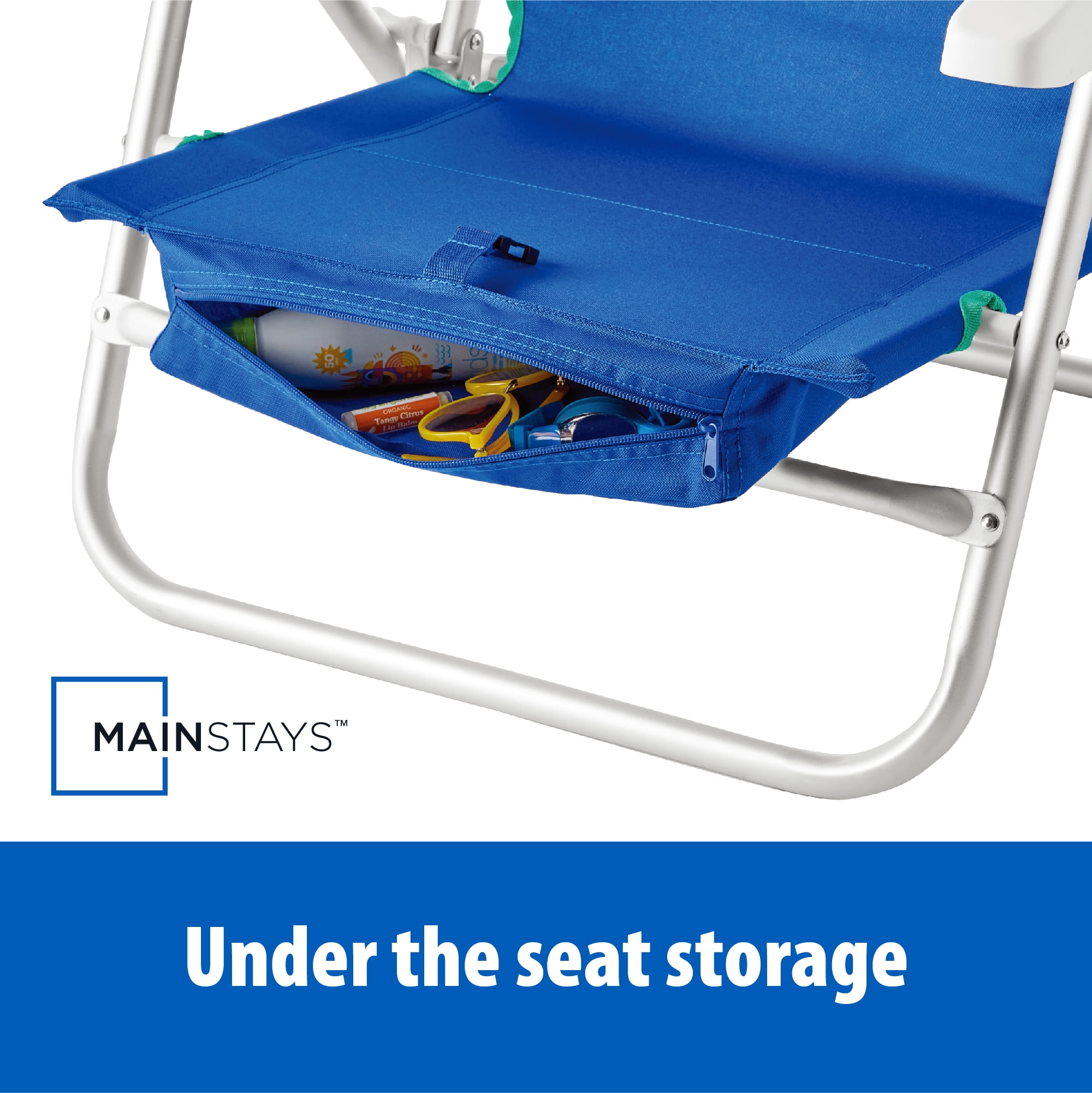 Mainstays Backpack Beach Chair, Reclining, Lay Flat, Blue