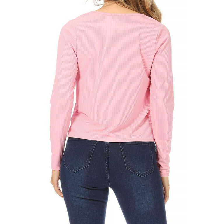 KOJOOIN Women's Cropped Cardigan Long Sleeve Button Down Sweater Rib  Elegant Shrugs Pink