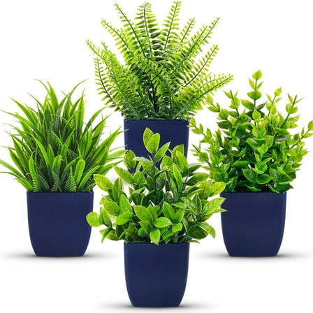 4 Pack Fake Plants Small Artificial Plants in Blue Pots Faux Plants for Home Room Bathroom Living Room Decor