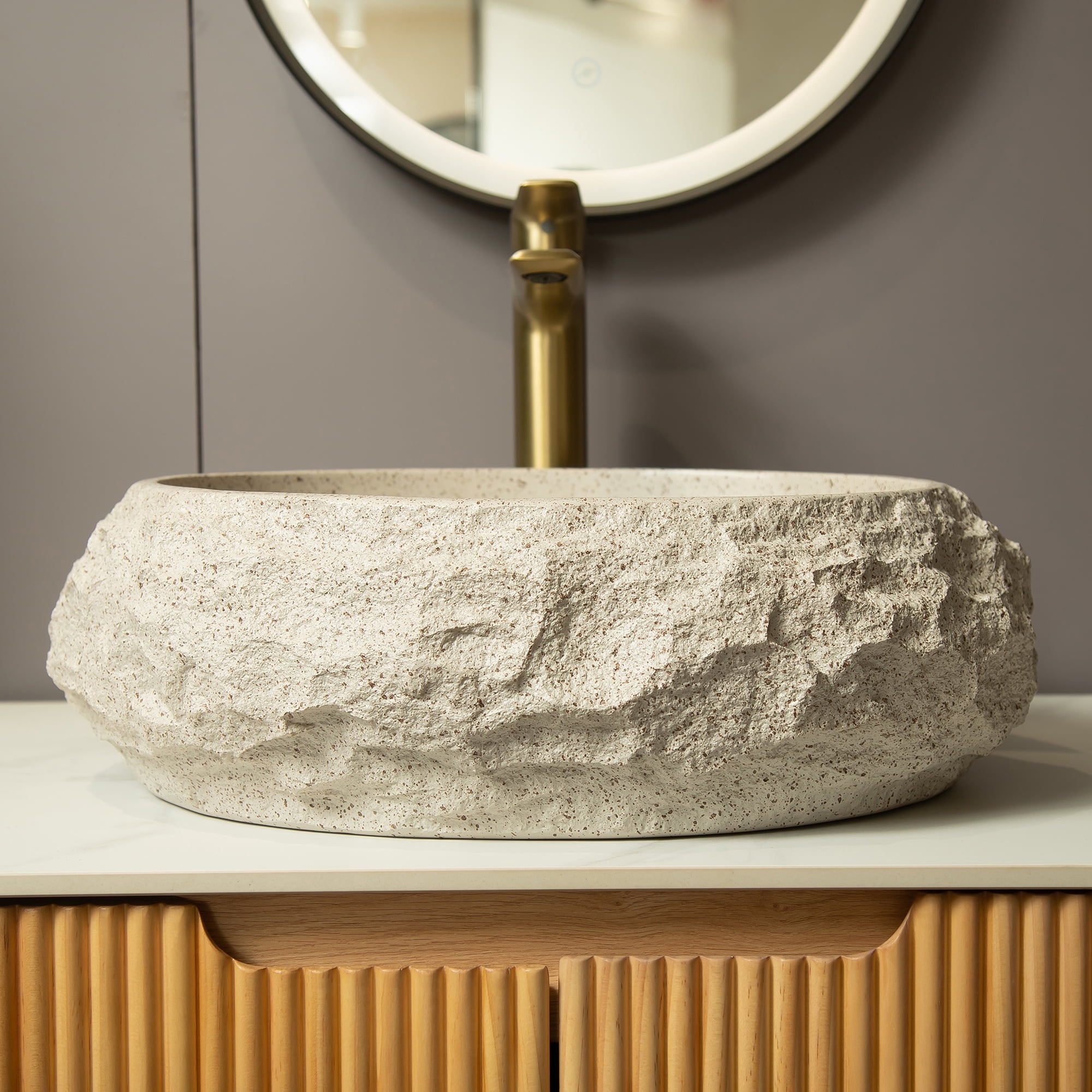 Wohh 18" Irregular Oval Resin Bathroom Sink with Stone Texture Beige Vessel Sink 17.72x5.9 Inch Modern Above Counter Vanity Basin for Home Office Restaurant Indoor Outdoor Use