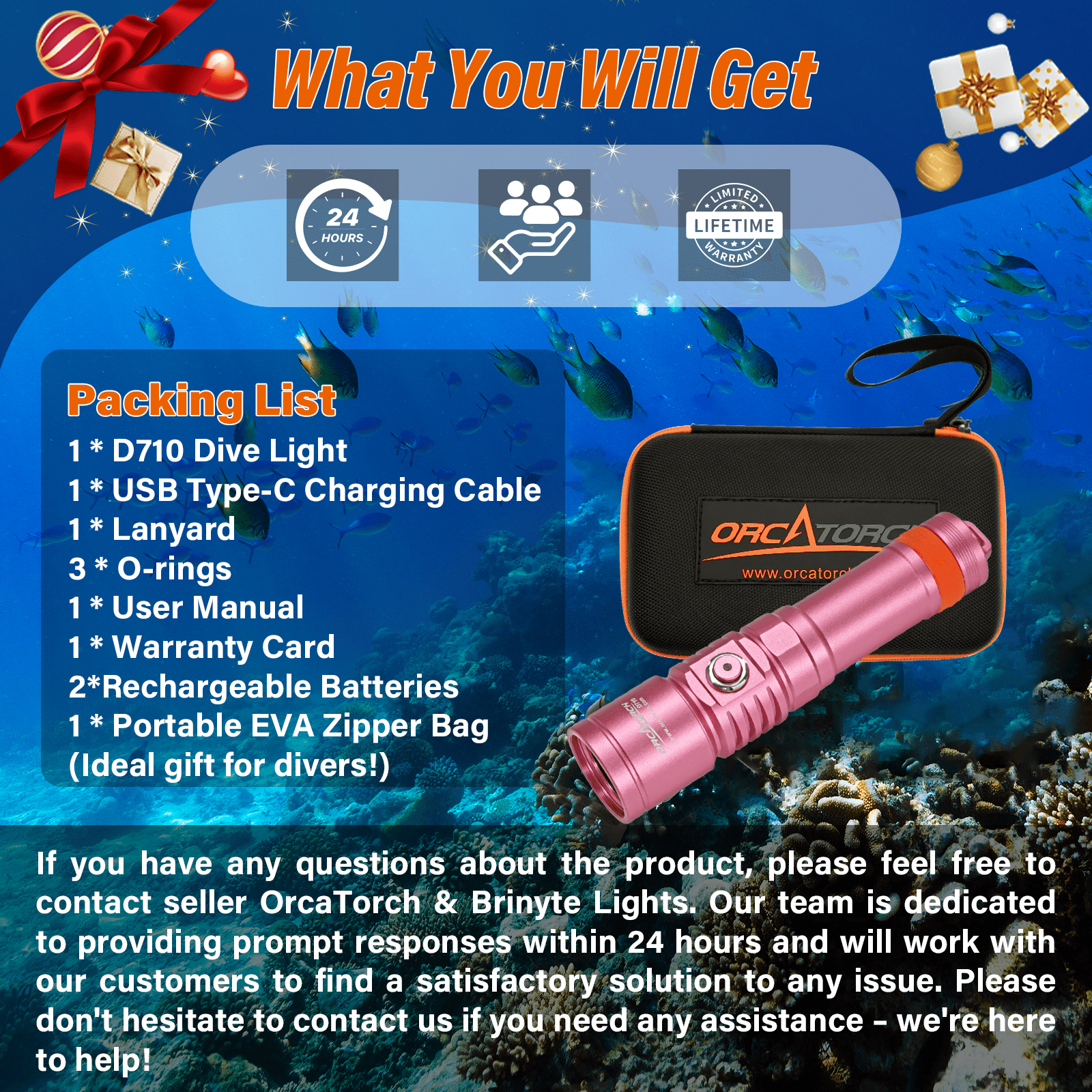ORCATORCH D710 Scuba Diving Light, 3000 Lumens Super Bright Underwater Flashlight with 6 Degrees Narrow Beam, IP68 Waterproof Night Dive Torch 150 Meters Submersible Light (Pink)