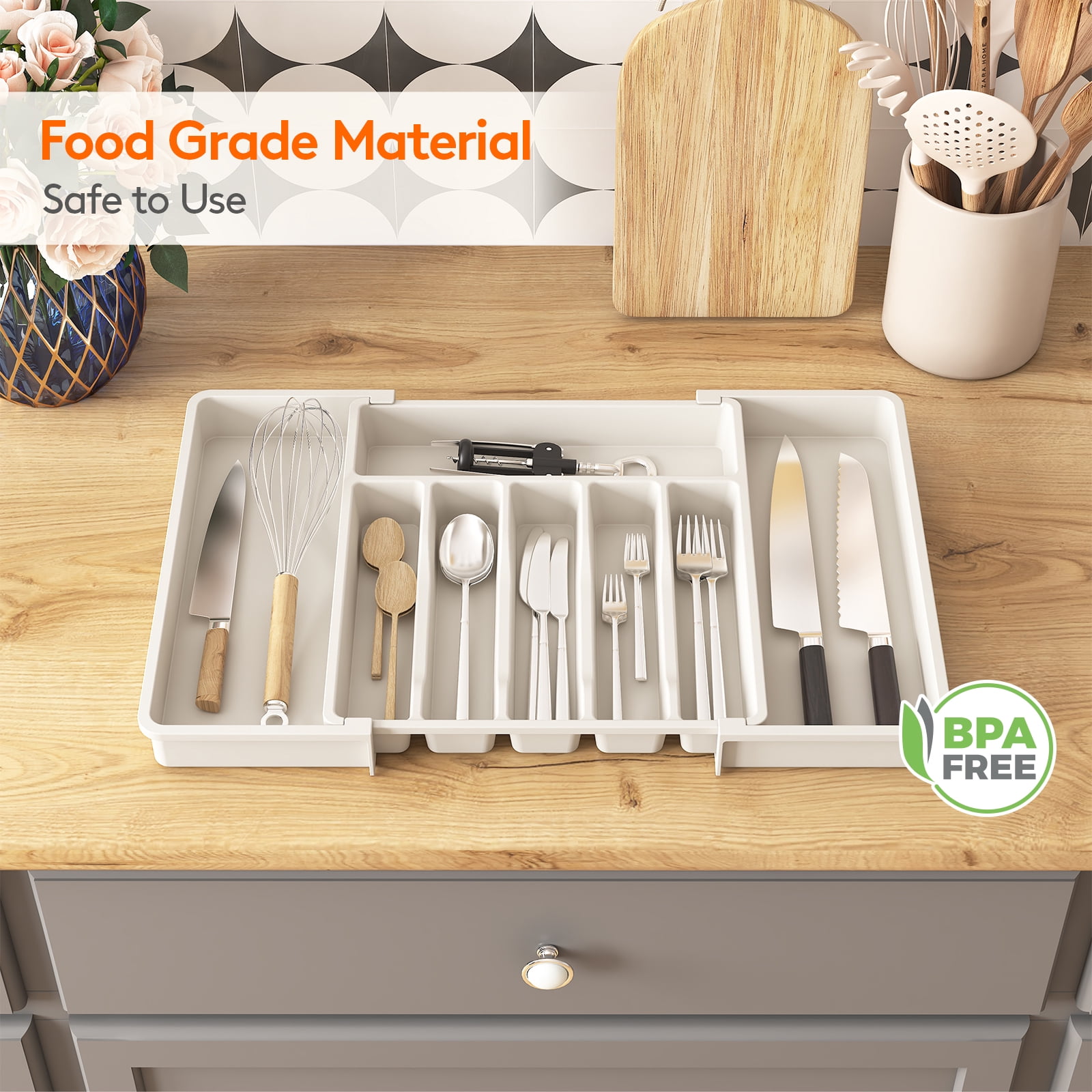Lifewit Silverware Drawer Organizer, Expandable Utensil Tray BPA Free, Adjustable Flatware Storage for Spoons Forks Knives, 13"-22.4", White