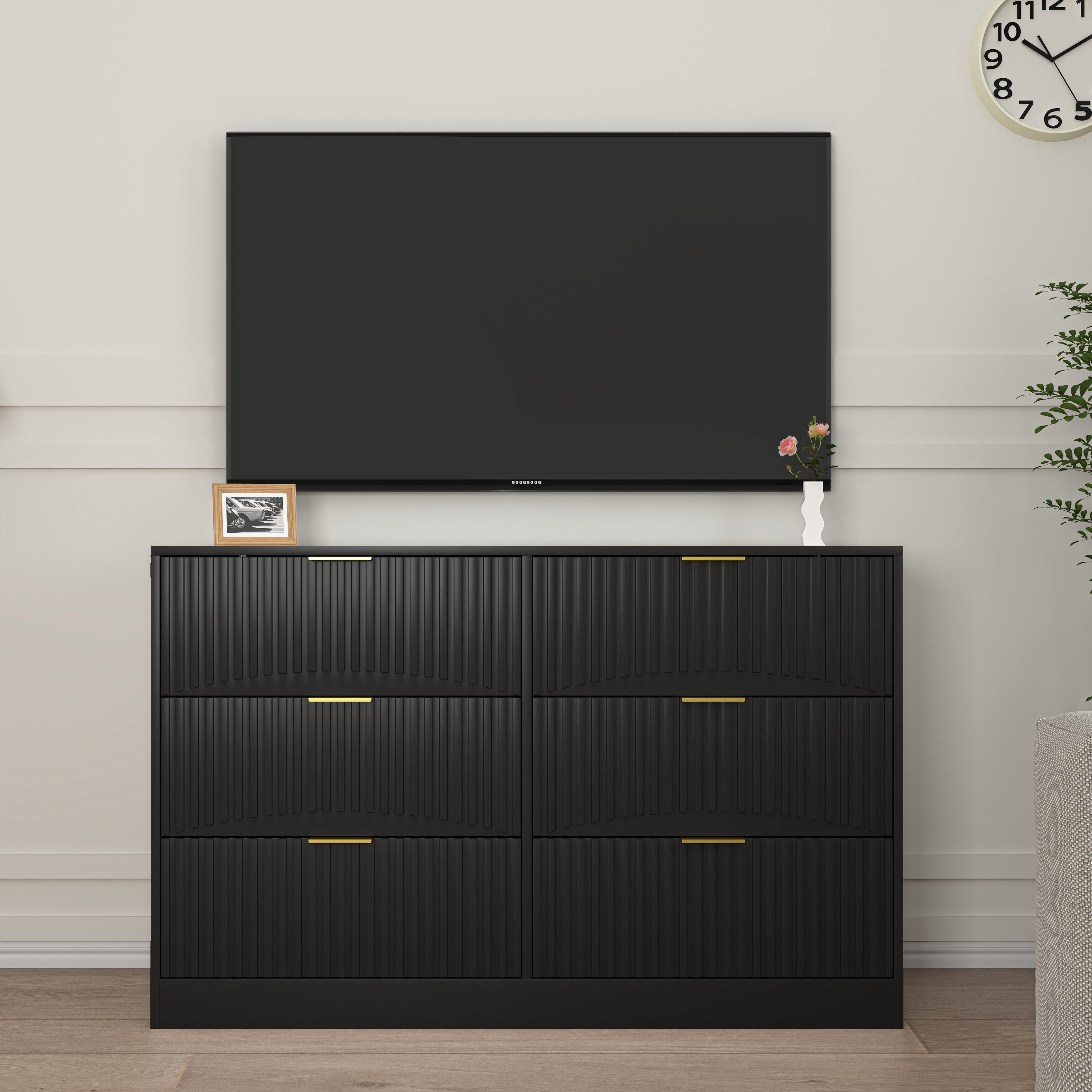 6-Drawer Dresser for Bedroom,Modern Wood Chest of Drawers,Large Storage Cabinet with Wavy Patterns for Living Room,Hallway,Entryway,Black