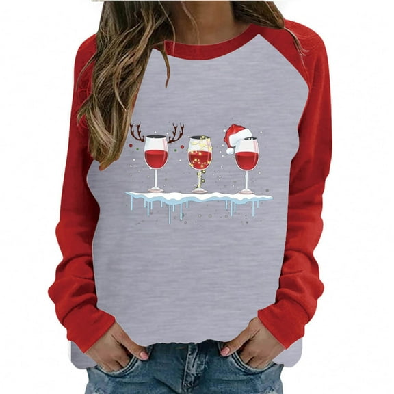 Fesfesfes Women's Raglan Sweatshirt Christmas Printed Long Sleeve Shirts Round Neck Xmas Casual Tops