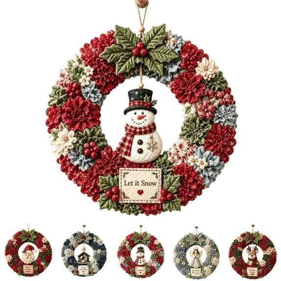 Christmas 3D Fabric Punch Needle Wreath DIY Kit Door Wall Fireplace Hanging Holiday Decor Craft Set With Accessories(Snowman)