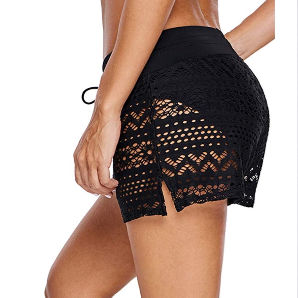 YJM Womens Summer Hollow Out Lace Swimsuit Bottoms Solid Color Stretch Shorts Swim Beach Boardshorts