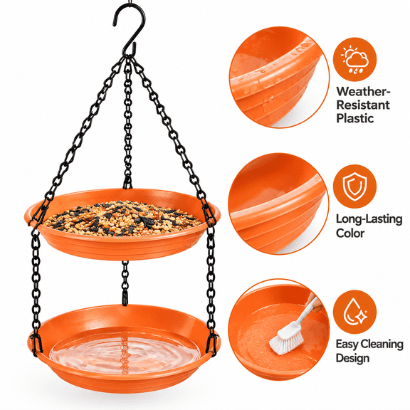 2-in-1 Hanging Bird Feeder and Bath, Platform Outdoor Plastic Oriole Feeder, Attracts Cardinals, Finches, Songbirds – Orange