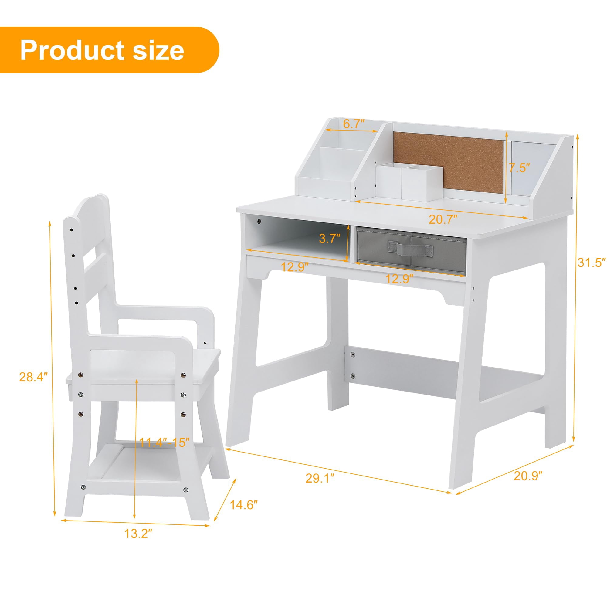 Ataucjin Kids Desk and Chair Set, Wooden Study Table with Storage Bins, Bookshelf, Bulletin Board, and Pen Holder, Writing Table for Boys and Girls
