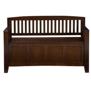 Linon Cynthia Wood Storage Bench FlipTop Slat Back & Side in Walnut Brown Finish