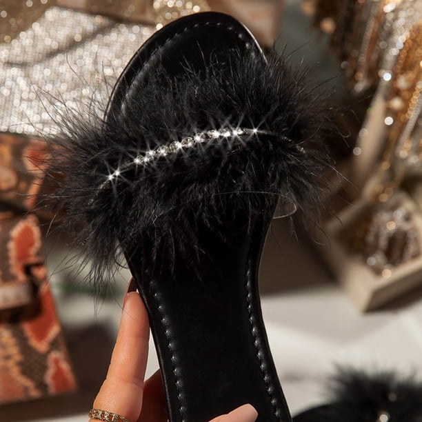 Zapatillas planas de felpa con diamantes de imitación de una línea para ocio diario de verano nuevo estilo para mujer Wmkox8yii hj789