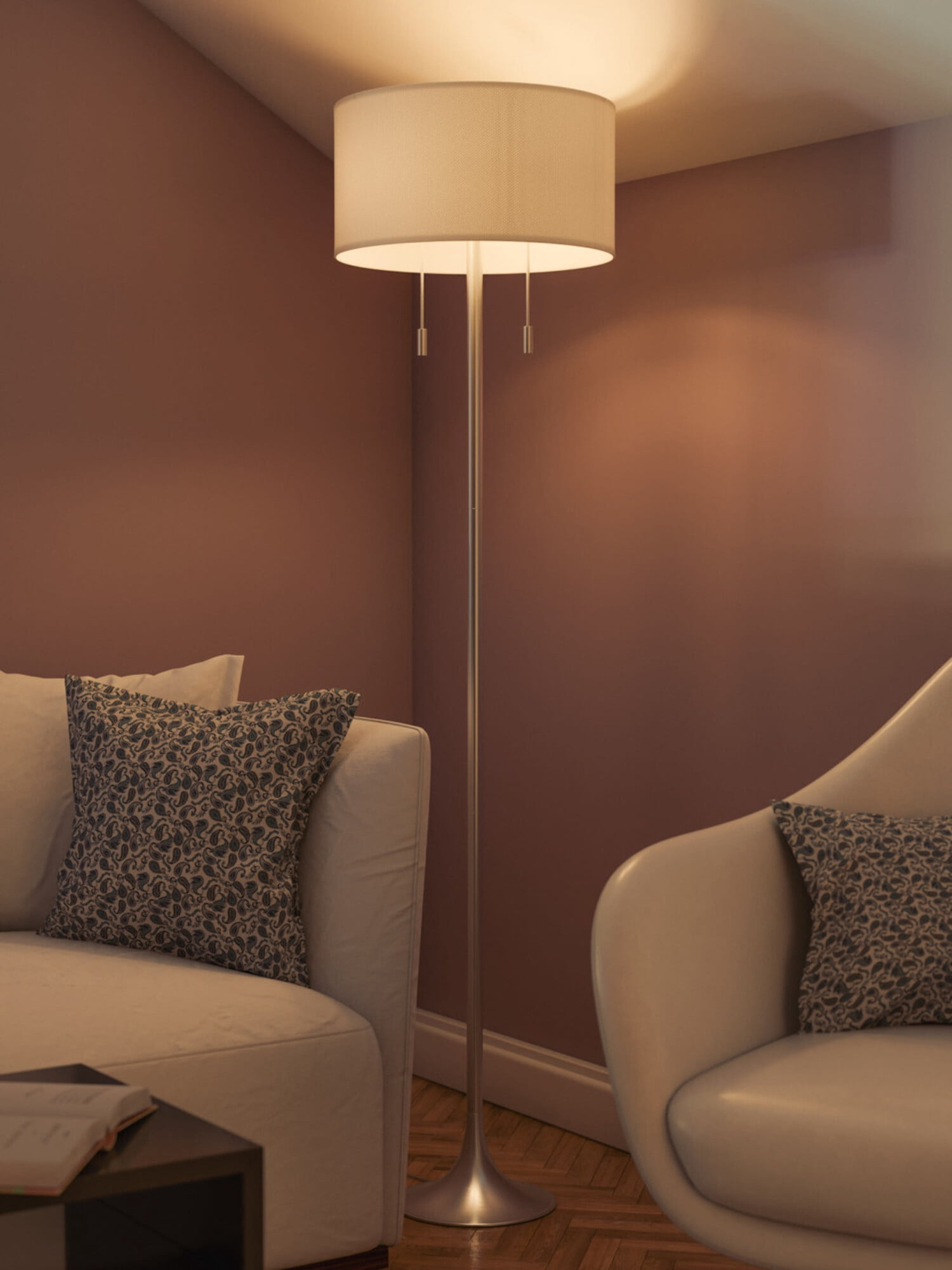 Kenroy Home Stowe 61'' Floor Lamp with White Fabric Drum Shade Transitional Floor Light Fixture for Living Room, Bedroom or Office, Brushed Steel