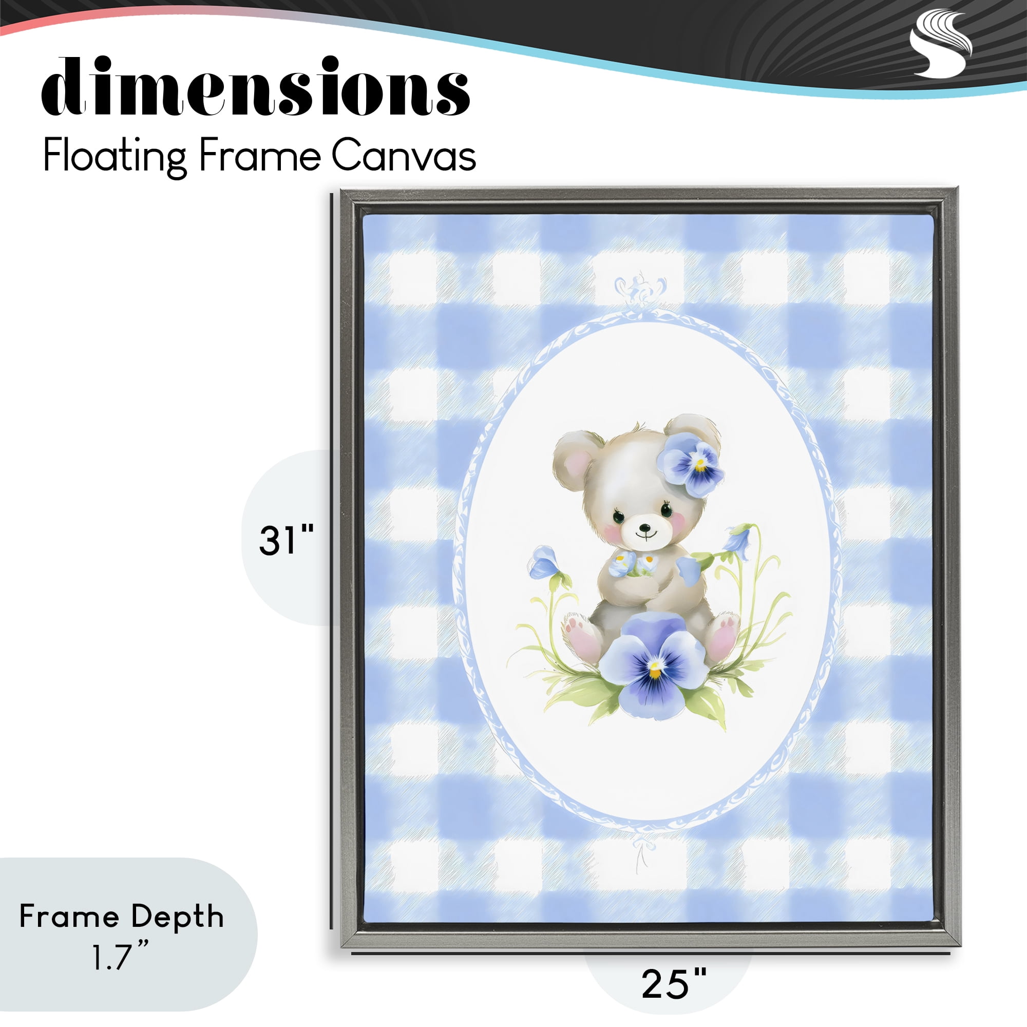 Stupell Industries Little Bear Blue Gingham Gray Framed Floater Canvas Wall Art, design by Arlington Prints