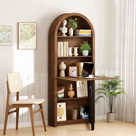 Arched Bookshelf, Display Shelf with Folding Desk, Multifunctional Foldable Computer Desk with Storage Shelves for Small Spaces, Living Room