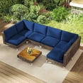 thumbnail image 2 of 7 Piece Wicker Patio Furniture Set, Modular Outdoor Sectional with Thickened Cushions, Acacia Wood Table, Brown/Blue, 2 of 11