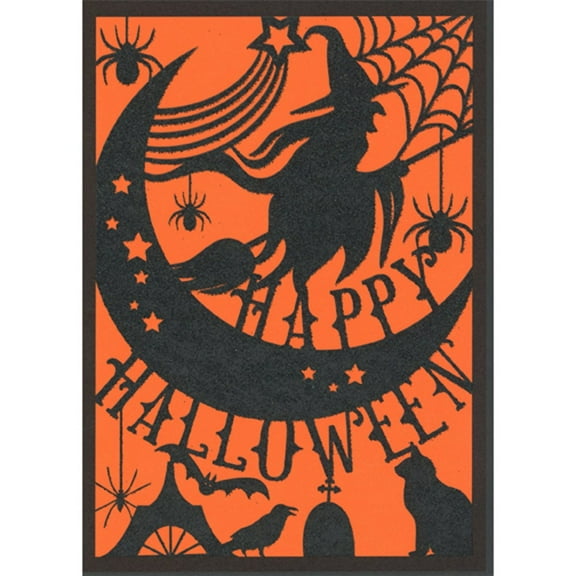 RSVP Silhouette of Witch, Crescent Moon and Spider Web on Orange Halloween Card
