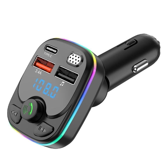 Car Bluetooth 5.0 FM Transmitter PD Type-C Dual USB Charger with Ambient Light, Hands-Free Calling, MP3 Player, 3.1A Fast Charging