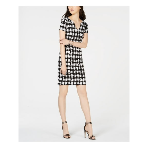 CONNECTED APPAREL Womens Black Stretch Zippered Notched Collar Houndstooth Short Sleeve Above The Knee Wear To Work Sheath Dress 6