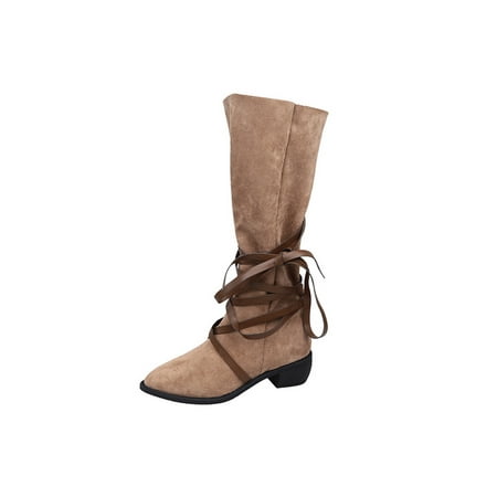 

Kesitin Ladies Vintage Shoes Multi-Strap Western Cowgirl Boots Pointed Toe Mid-Calf Boot Comfort Retro Knee-High Dress Chunky Apricot Knee-High 7.5