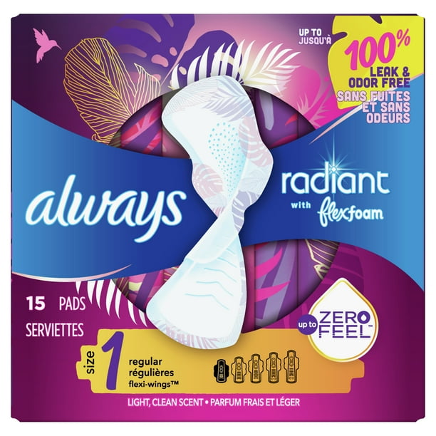 Always Radiant Pads, Regular Absorbency, Scented, Size 1, 15 ct
