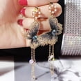 thumbnail image 4 of HOOUN Korean Style Embroidery Butterfly Crystal Earrings Long Tassel Drop Jewelry-Pink, 4 of 9