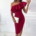 thumbnail image 4 of EQWLJWE Longue Robe pour Femmes Robe d'Été pour Femmes Aguichant à Épaules Inclinées à Volants Sans Manches Moulante Unie Amincissante, 4 of 9