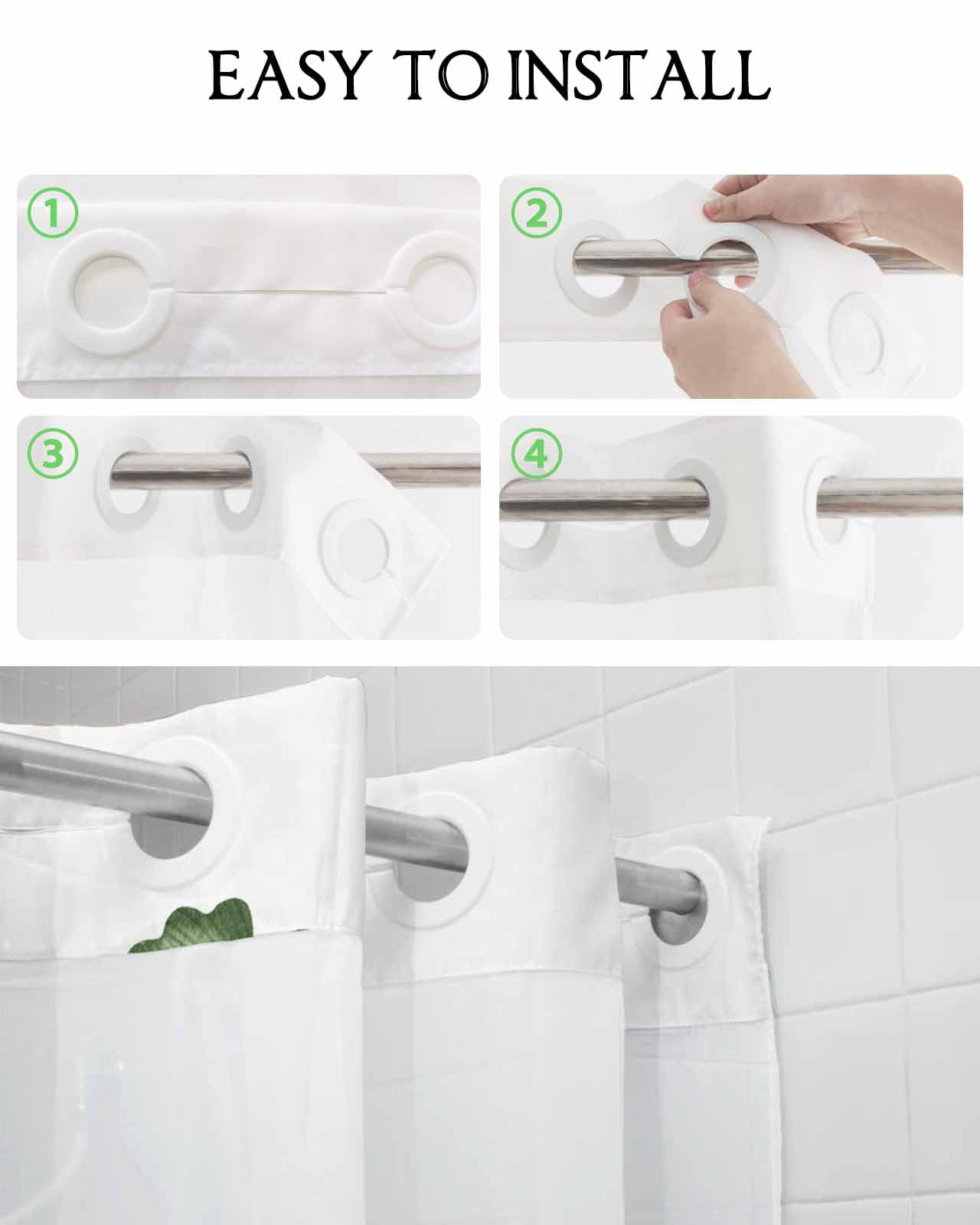 No Hook Shower Curtain with Snap in Liner, Green Fern Plant Leaves Hotel Shower Curtains for Bathroom, Washable Shower Curtain Liner Set with Mesh Top Window, 72"x72"
