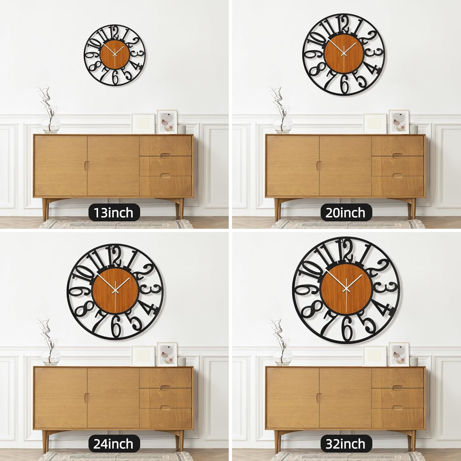 OMA Large Round Wall Clock for Living Room Decor Battery Operated Non Ticking Black Metal Wood Clocks for Home Living Room Garden Office Kitchen Decoration -24 inch