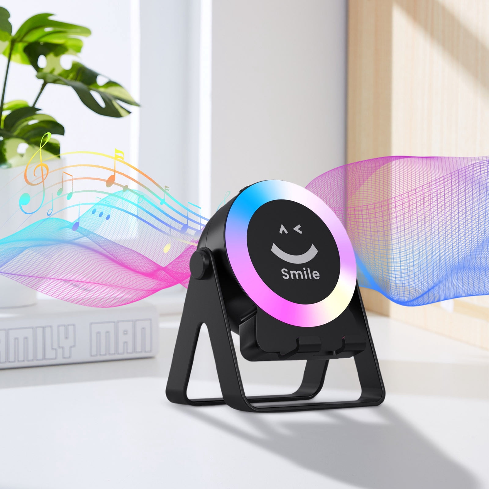 LACKUST Mini Bluetooth Speaker with Phone Stand, Color Changing LED Syncs with Music, Portable Bass Boost Speaker for Desktop/Outdoor - Black