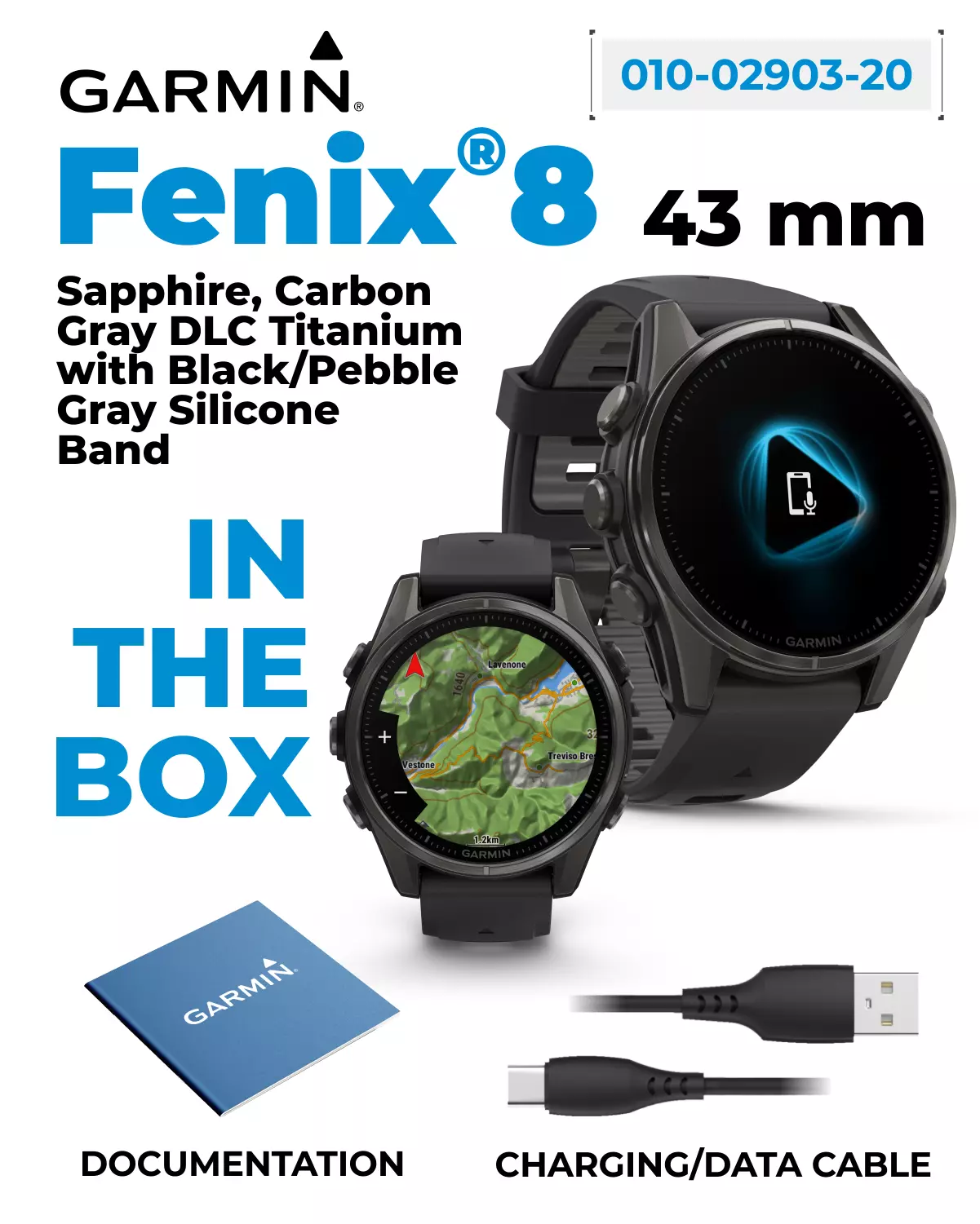 Garmin fenix 8 - 43 mm Sapphire, AMOLED, Carbon Gray DLC Titanium with Black/Pebble Gray Silicone GPS Smartwatch with White Earbuds
