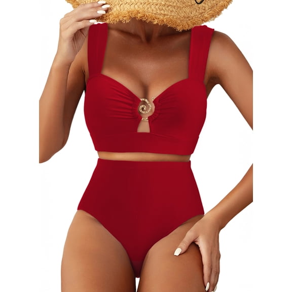 SHEWIN Women's 2 Pieces Bikini Swimsuit, High Waist Cut-Out Spaghetti Straps, Set (Women's)