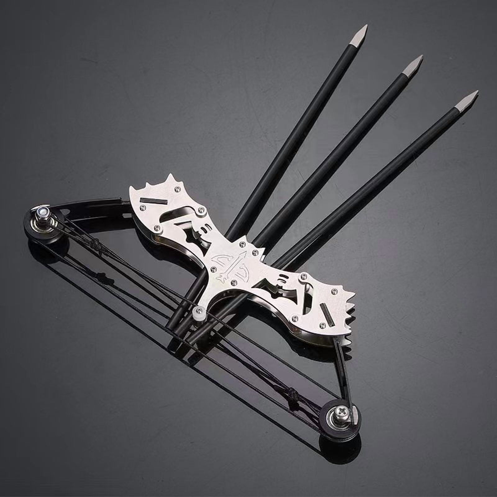 Mini Stainless Steel Bow Model Toy – Handheld Pull-and-Shoot Archery Set with Arrows – Fun Educational Desktop Toy for Ages 14+