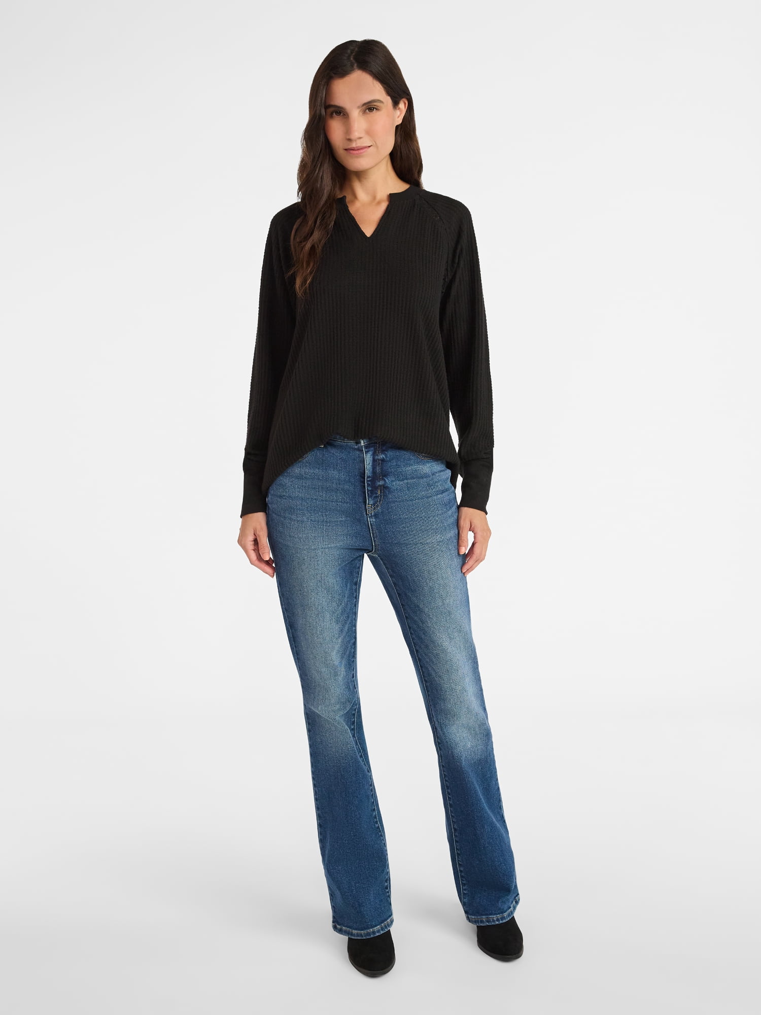 Time and Tru Women’s Notch Neck Waffle Top with Long Sleeves, Size XS-XXXL