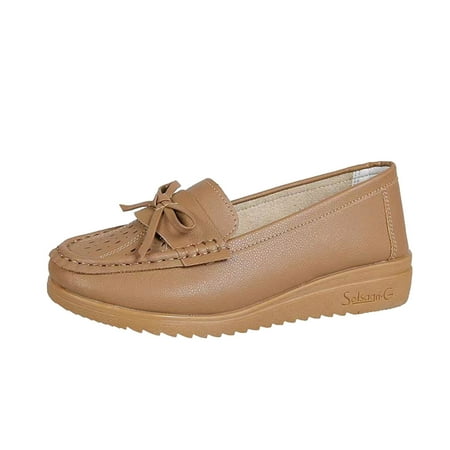 DVKOVI Non Slip Shoes Women Loafers for Women Flats for Women Dressy Comfortable Ladies Fashion Solid Color Breathable Hollow Leather Bow Decorated Flat Casual Single Shoe Khaki 39