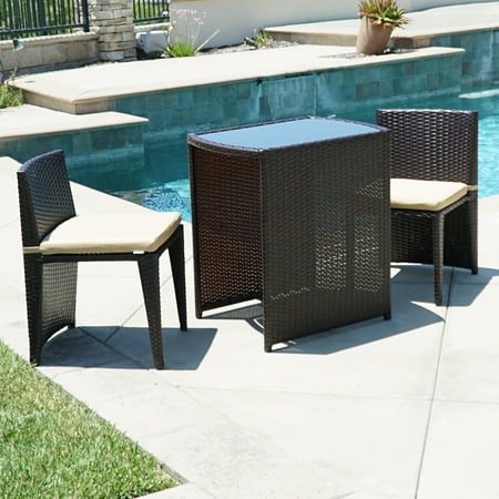 Belleze 3pc Patio Set Wicker W Cushion Bistro Glass Top Table 2 Belleze 3pc Patio Set Wicker W Cushion Bistro Glass Top Table 2
