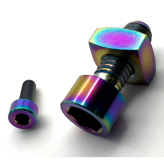 Trail Arc Titanium MTB Fork Bolt Kit for Fox 36/38 Fork - Axle Pinch Bolt, Square Nut & Cable Clamp - Oil Slick Rainbow