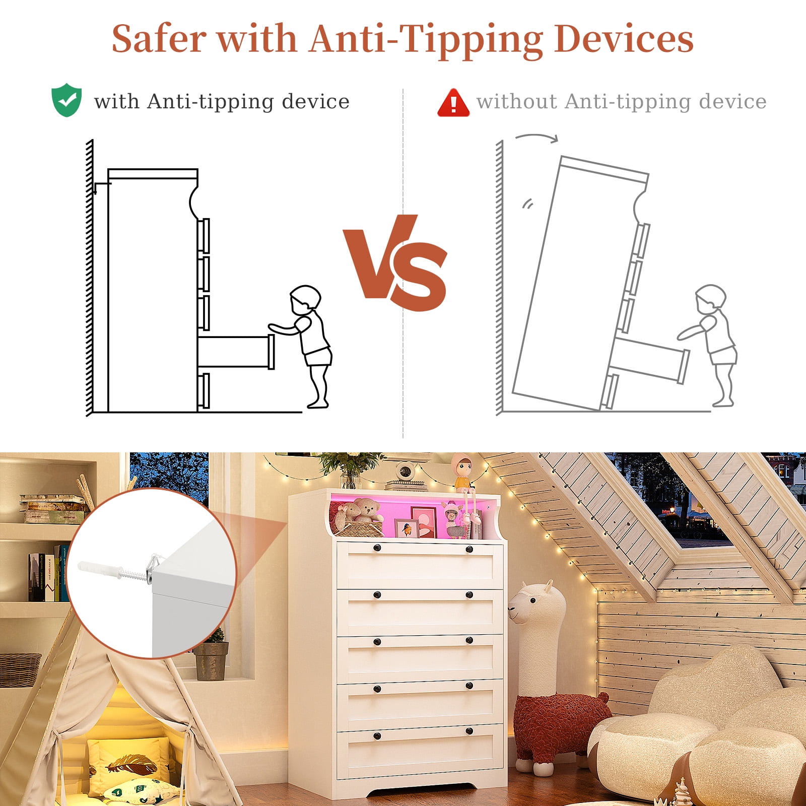 "EnHomee 48.6"" High White Dresser with LED Light, Open Shelf, 5Drawer Storage, Modern Bedroom Cabinet"  (图4)